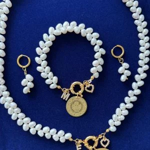 Gerçek Arpa İncili Düğün Seti 3'lü Set kolyesi 60 cm - Görsel 4